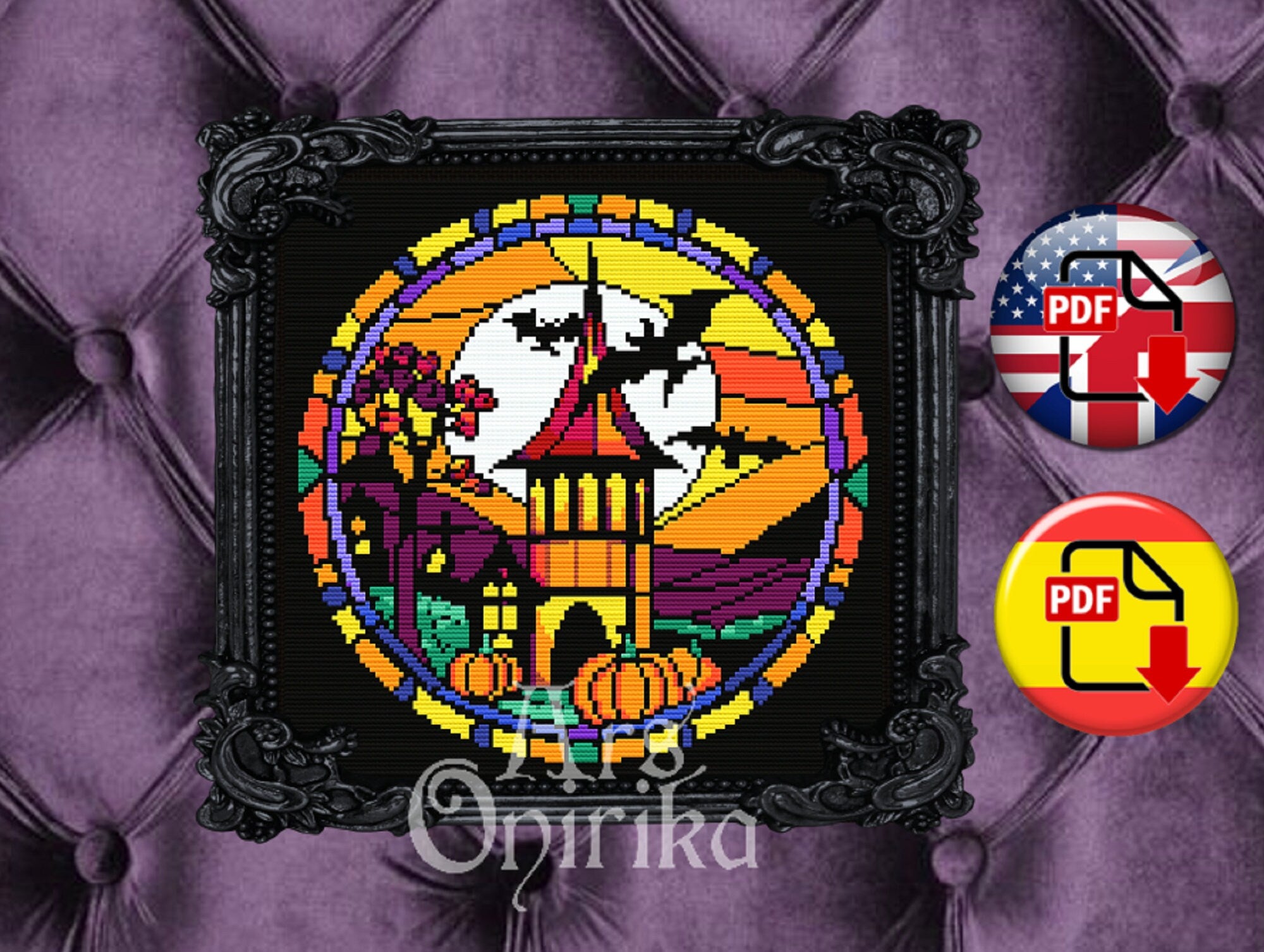 Halloween Stained Glass Cross Stitch Pattern (PDF) – Spooky, Gothic - EASY LEVEL