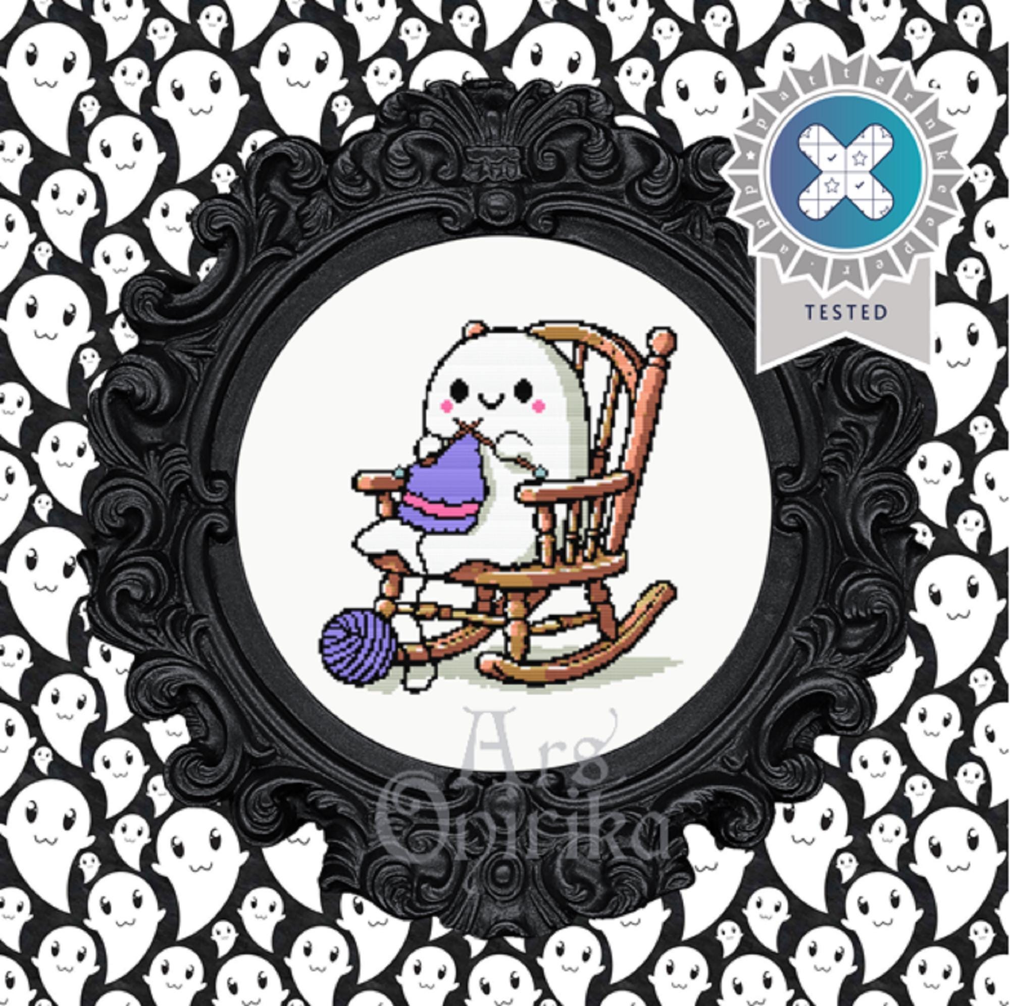 Knitting Ghost Cross Stitch Pattern (PDF) - Halloween Embroidery Sampler - EASY LEVEL