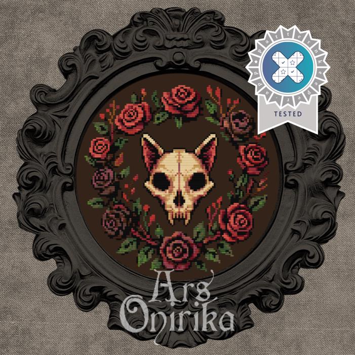 Cat Skull & Roses Cross Stitch Pattern – Gothic Embroidery (PDF) - INTERMEDIATE LEVEL
