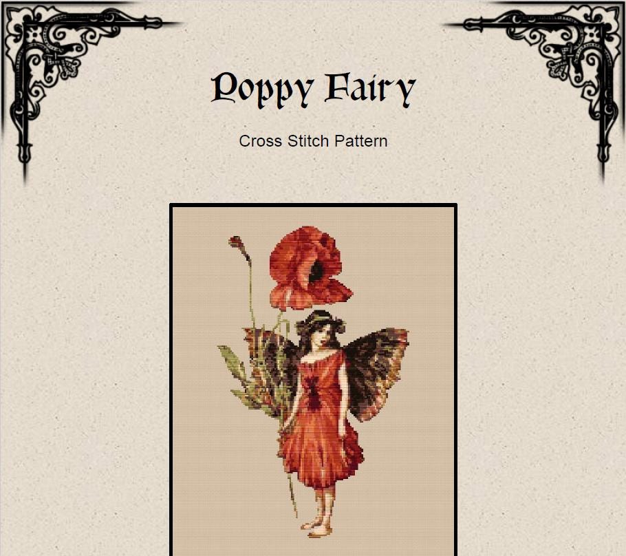 Poppy Fairy Cross Stitch Pattern (PDF) – Vintage Botanical Chart - INTERMEDIATE LEVEL