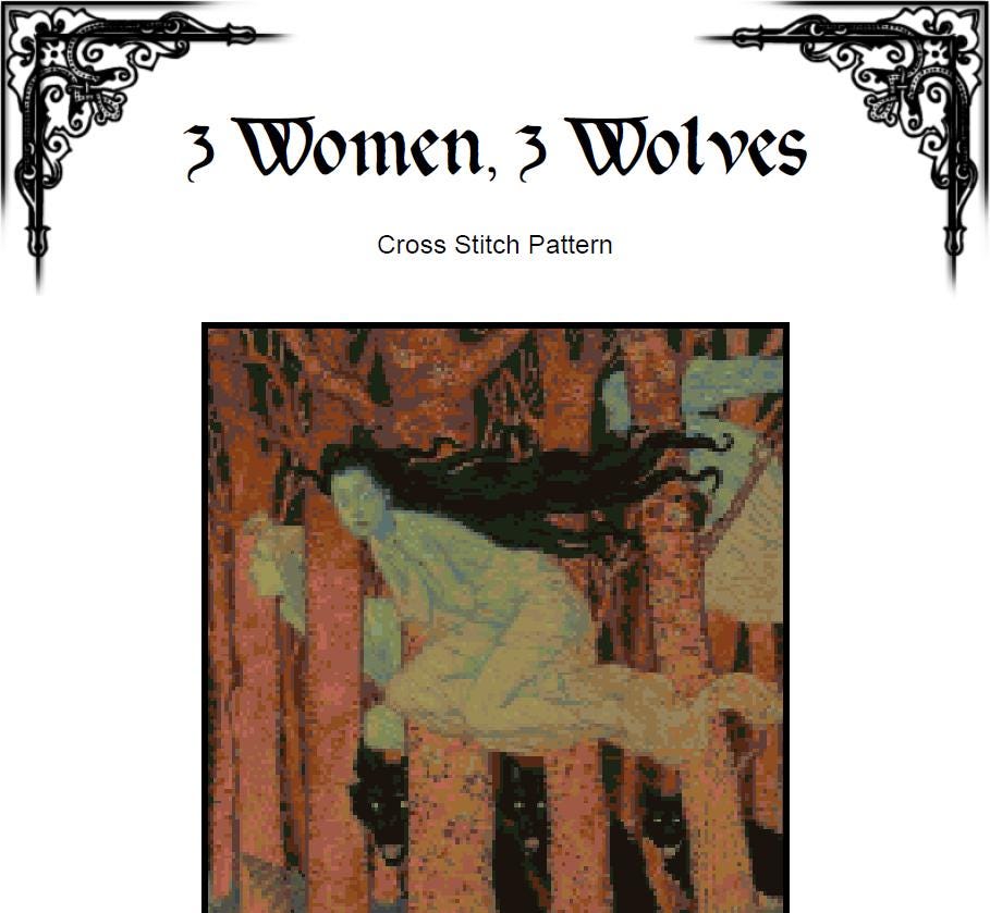 Witch Cross Stitch Pattern (PDF) – 3 Women, 3 Wolves - INTERMEDIATE LEVEL