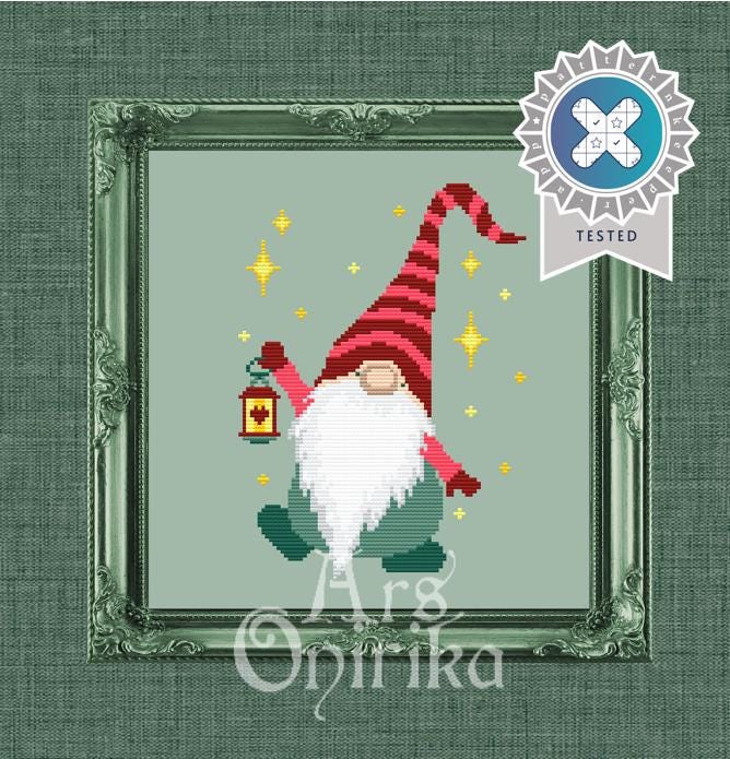 Lantern Gnome Cross Stitch Pattern – Easy Christmas Design (PDF) - EASY LEVEL