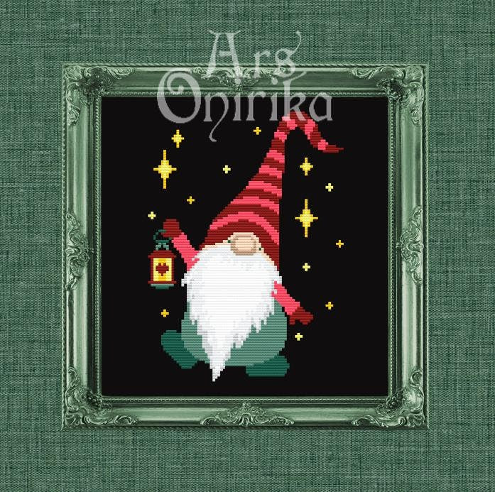 Lantern Gnome Cross Stitch Pattern – Easy Christmas Design (PDF) - EASY LEVEL