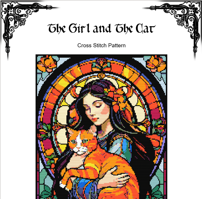 The Girl and the Cat – Stained Glass Cross Stitch Pattern - INTERMEDIATE LEVEL