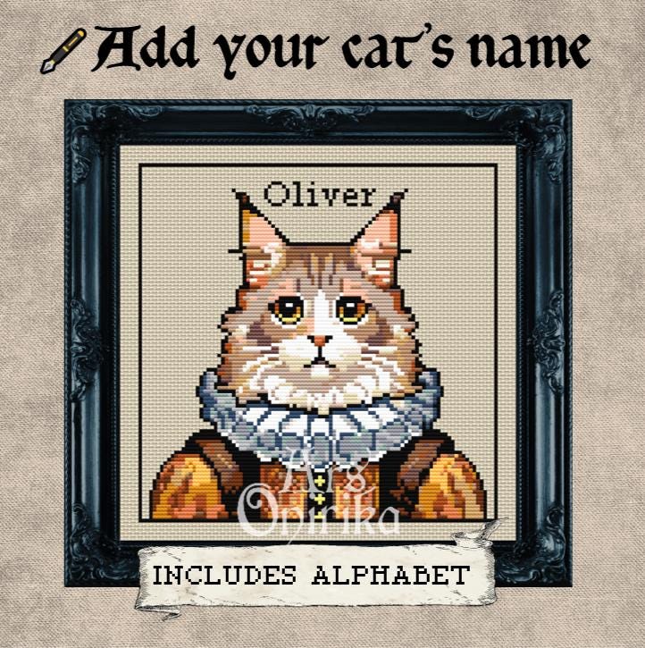 Custom Victorian Fluffy Cat - Cross Stitch Pattern (PDF) – Alphabet Included - INTERMEDIATE LEVEL