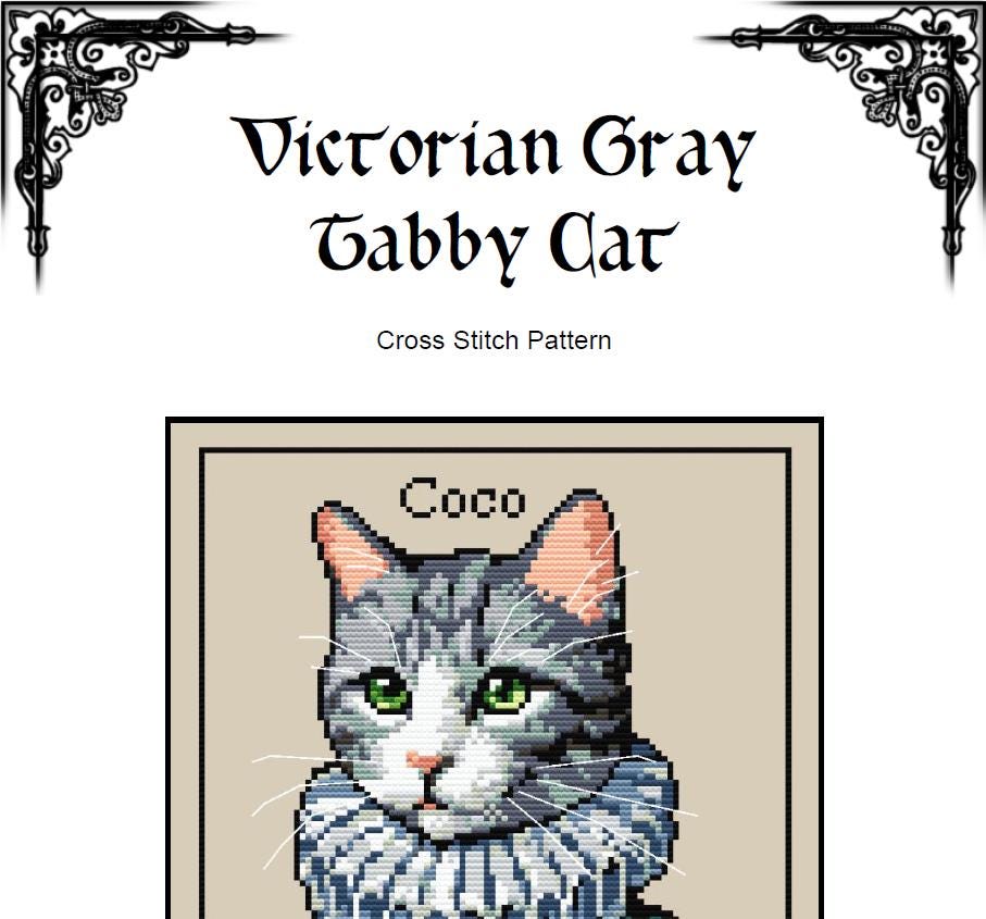 Custom Victorian Gray Cat - Cross Stitch Pattern (PDF) - Alphabet Included - INTERMEDIATE LEVEL