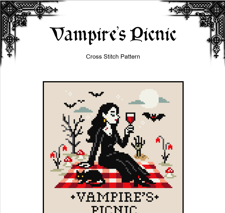 Vampire's Picnic Cross Stitch Pattern - Gothic Embroidery (PDF) - EASY LEVEL