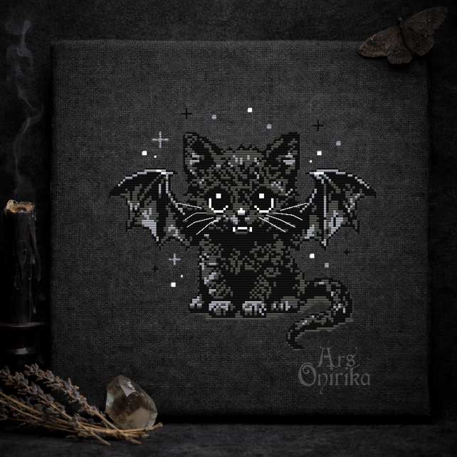 Vampy Kitten Cross Stitch Pattern – Cute Gothic Embroidery (PDF) - EASY LEVEL