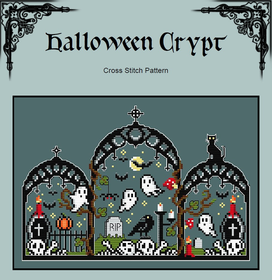 Halloween Crypt Cross Stitch Pattern (PDF) – Spooky, Gothic - EASY LEVEL