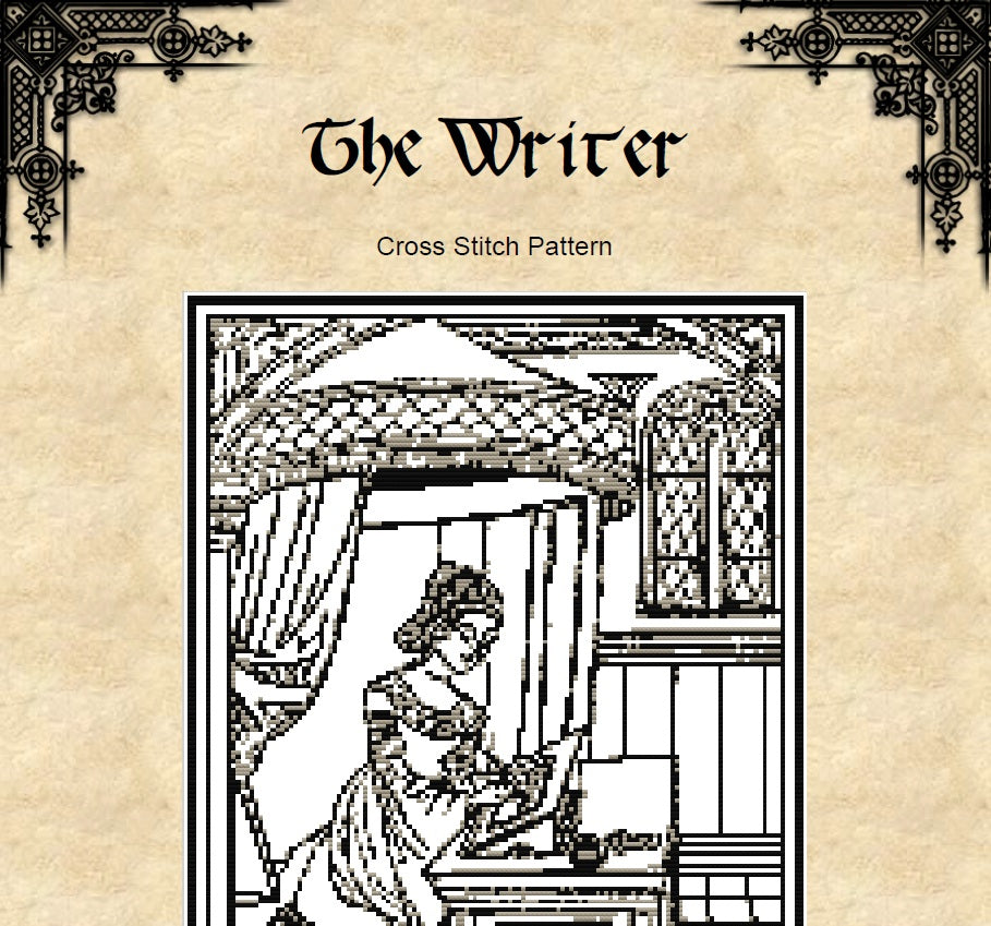 Medieval Writer Cross Stitch Pattern – Scriptorium Embroidery Design (PDF) - INTERMEDIATE LEVEL