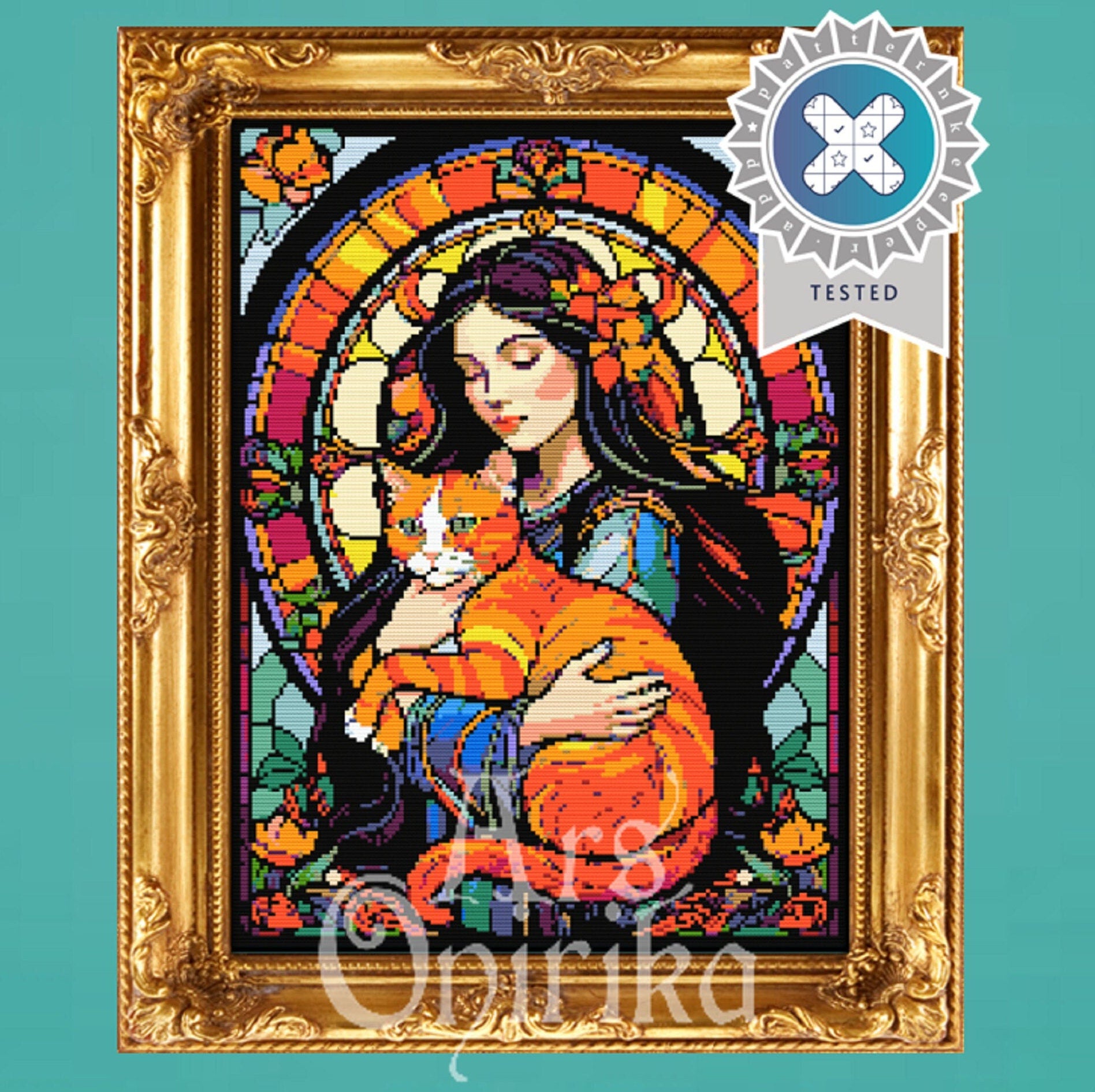 The Girl and the Cat – Stained Glass Cross Stitch Pattern - INTERMEDIATE LEVEL