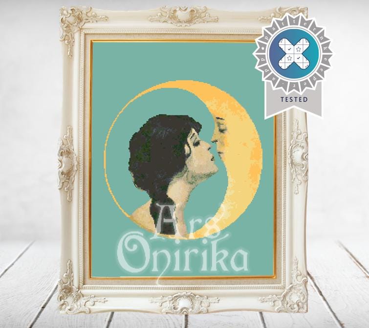 Girl Kissing Moon Cross Stitch Pattern (PDF) - Vintage Romantic Embroidery - INTERMEDIATE LEVEL