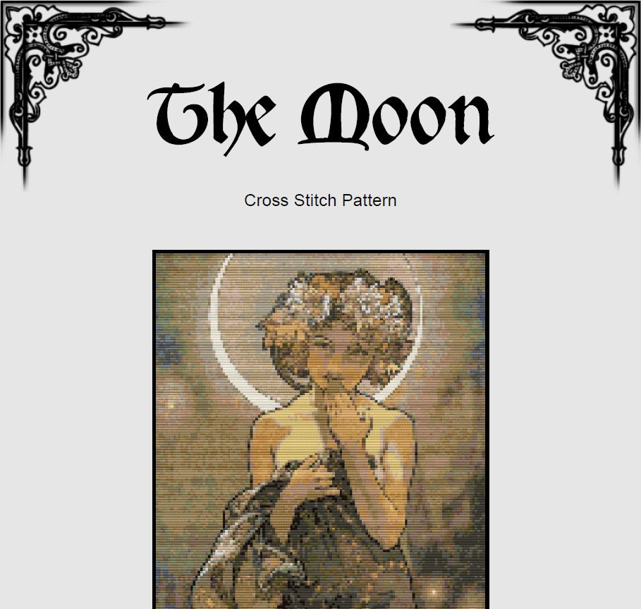 Art Nouveau Moon Cross Stitch Pattern – Alphonse Mucha (PDF) - ADVANCED LEVEL