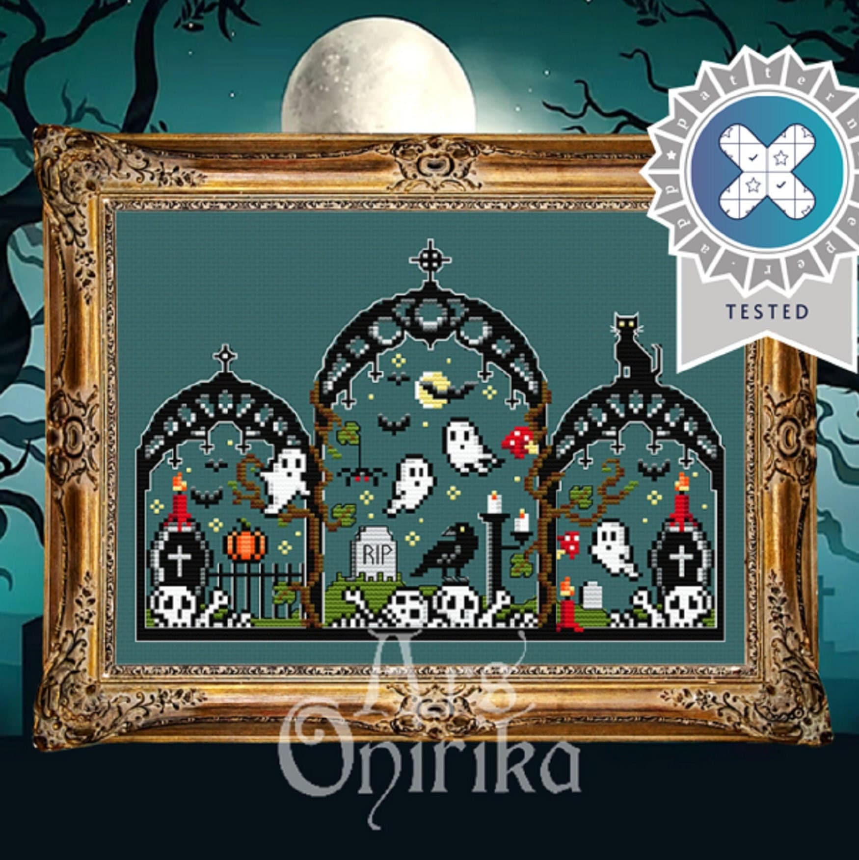 Halloween Crypt Cross Stitch Pattern (PDF) – Spooky, Gothic - EASY LEVEL