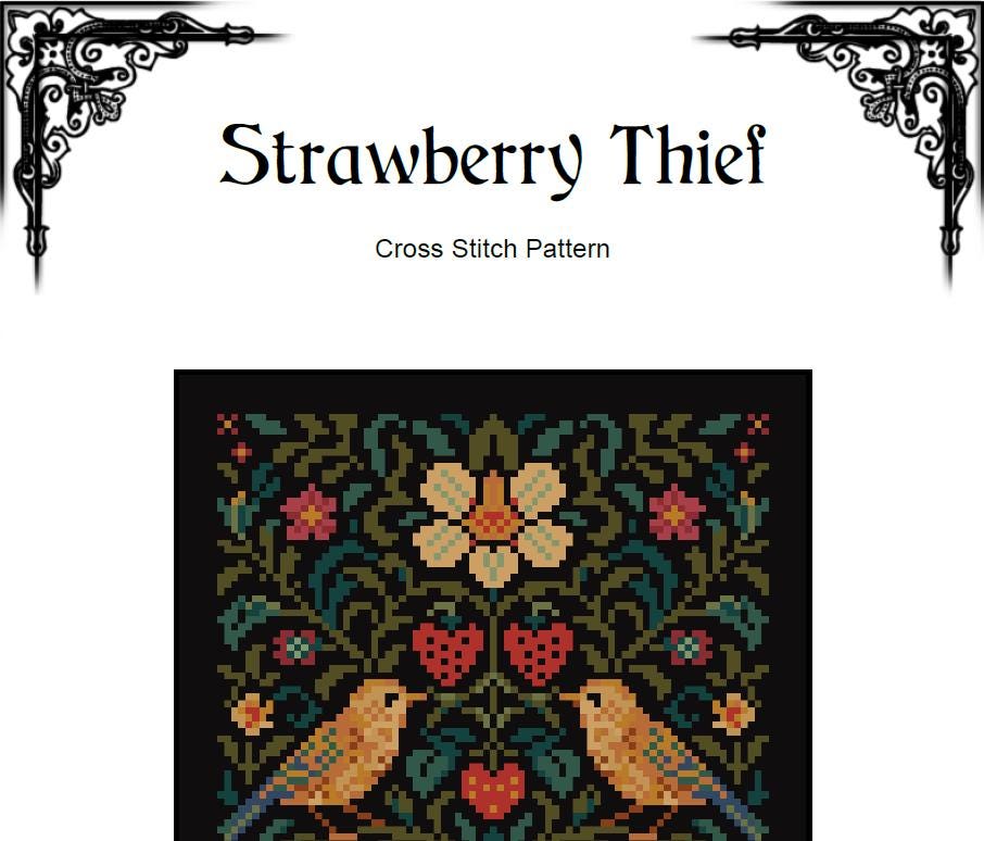 William Morris Strawberry Thief Cross Stitch Pattern – Bird and Floral (PDF) - EASY LEVEL