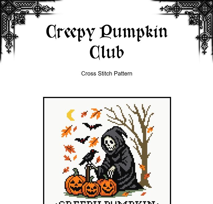 Creepy Pumpkin Club Cross Stitch Pattern – Halloween Gothic Design (PDF) - EASY LEVEL