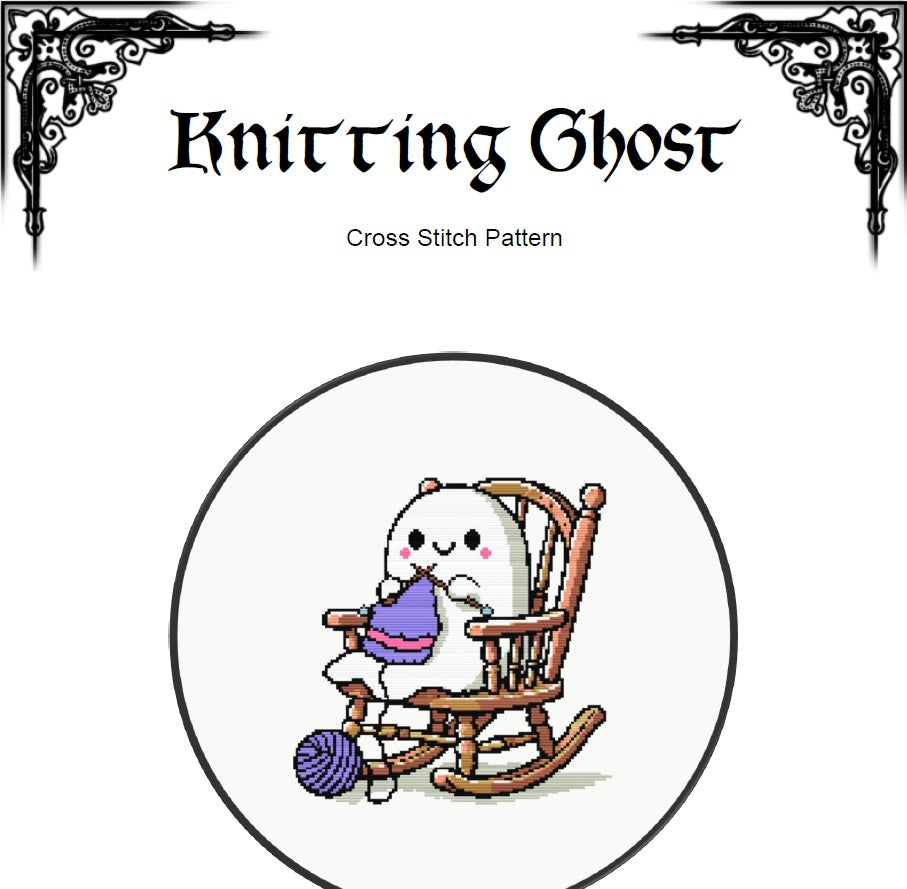 Knitting Ghost Cross Stitch Pattern (PDF) - Halloween Embroidery Sampler - EASY LEVEL