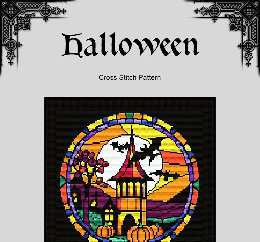 Halloween Stained Glass Cross Stitch Pattern (PDF) – Spooky, Gothic - EASY LEVEL