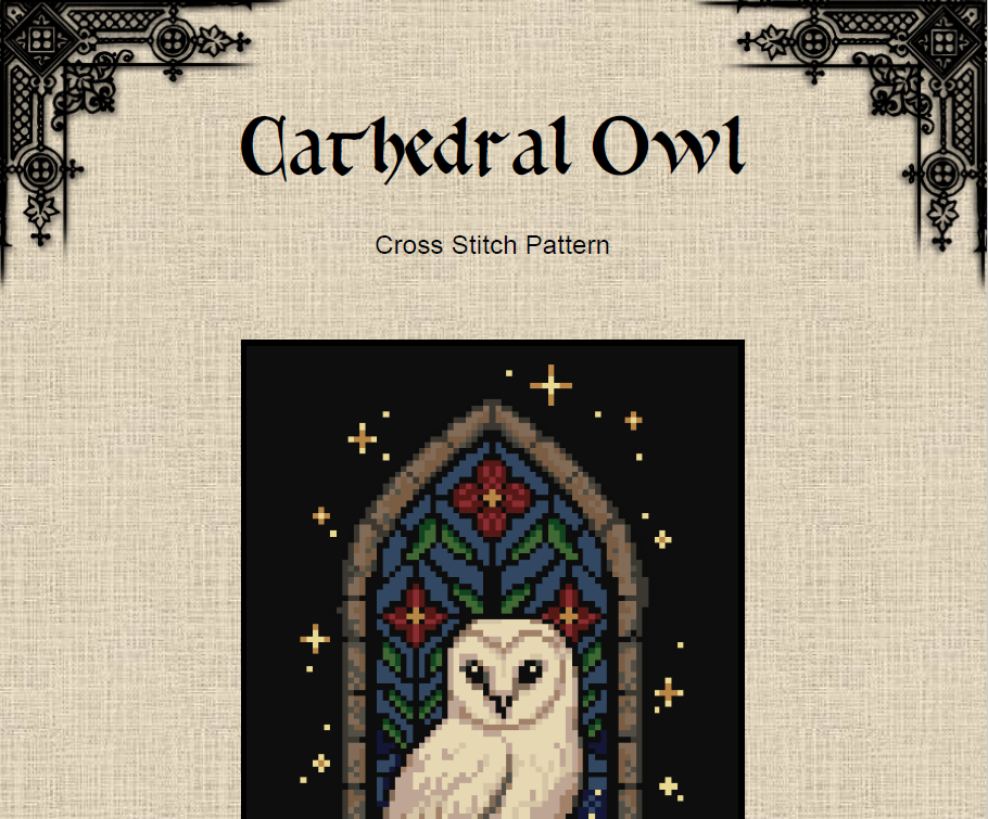Cathedral Owl Cross Stitch Pattern (PDF) – Medieval Sampler - EASY LEVEL