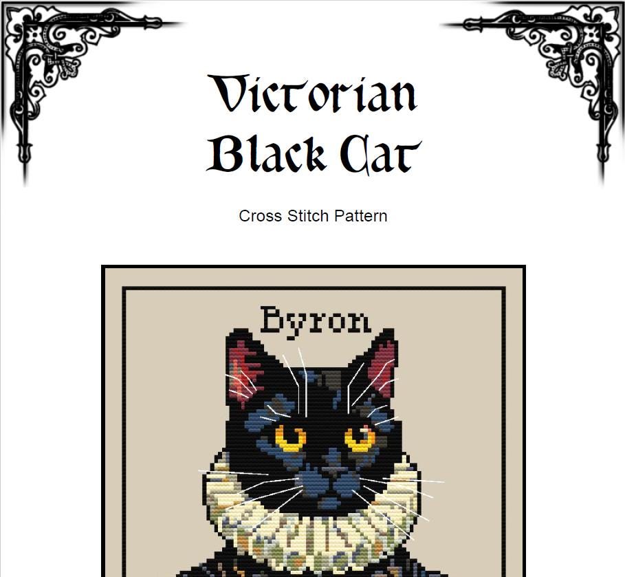 Custom Victorian Black Cat Cross Stitch Pattern (PDF) - Alphabet Included - INTERMEDIATE LEVEL
