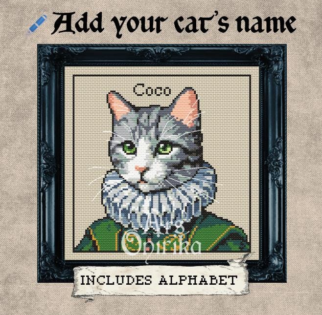 Custom Victorian Gray Cat - Cross Stitch Pattern (PDF) - Alphabet Included - INTERMEDIATE LEVEL