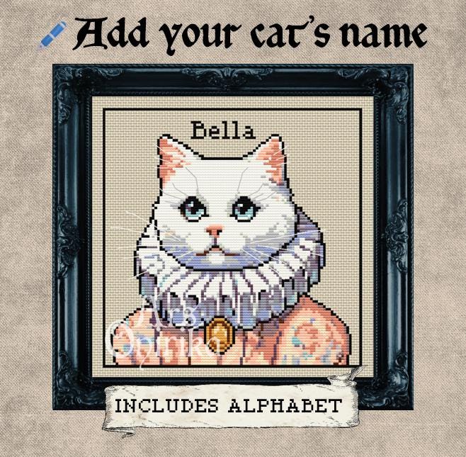 Custom Victorian White Cat Cross Stitch Pattern - Includes Alphabet (PDF) - INTERMEDIATE LEVEL