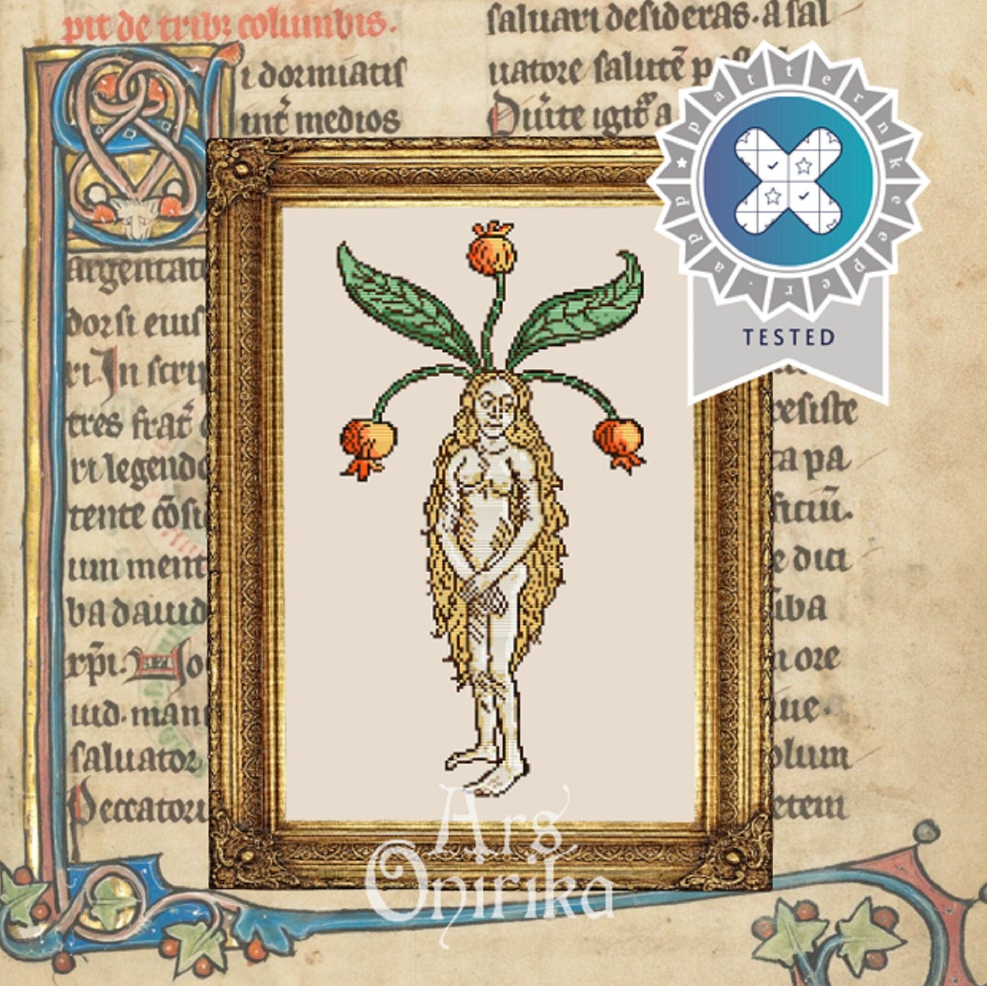 Female Mandrake Root Cross Stitch Pattern – Medieval Botanical Embroidery (PDF) - EASY LEVEL