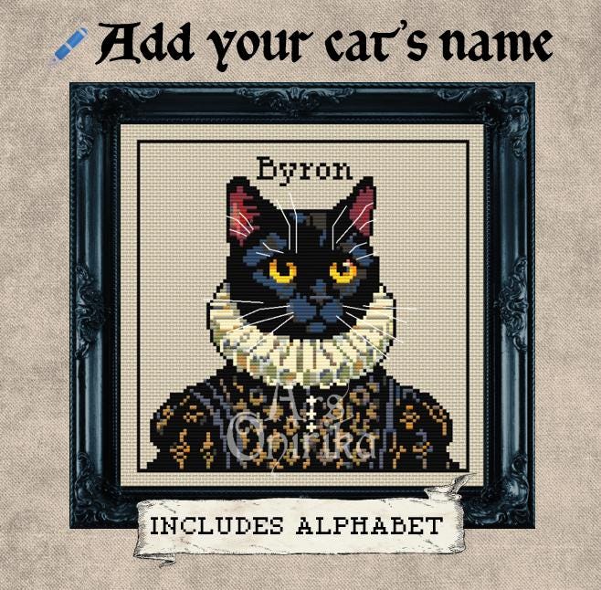 Custom Victorian Black Cat Cross Stitch Pattern (PDF) - Alphabet Included - INTERMEDIATE LEVEL