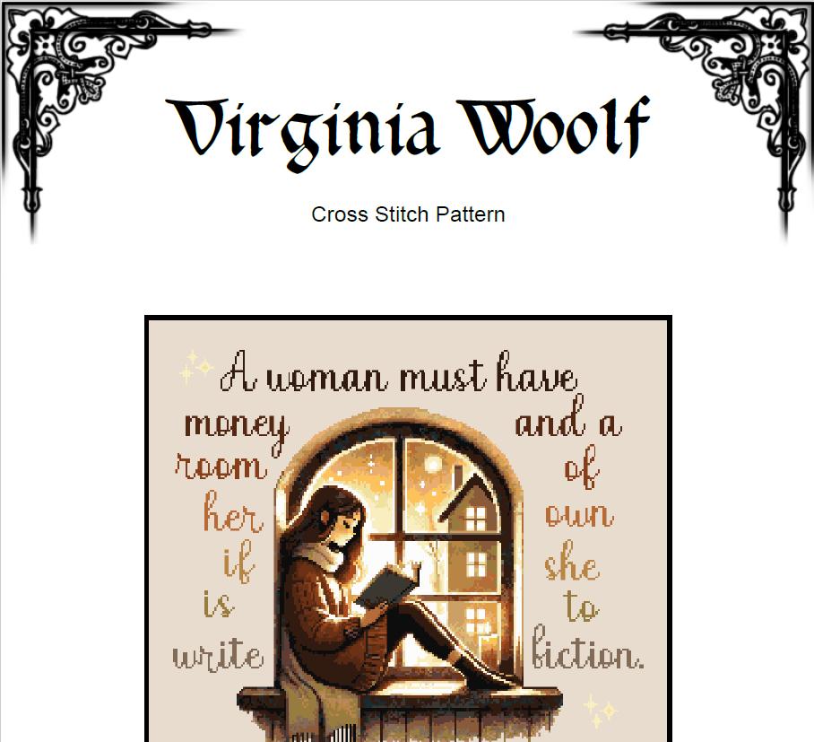 Virginia Woolf Cross Stitch Pattern (PDF) - Feminist Literary Quote - INTERMEDIATE LEVEL