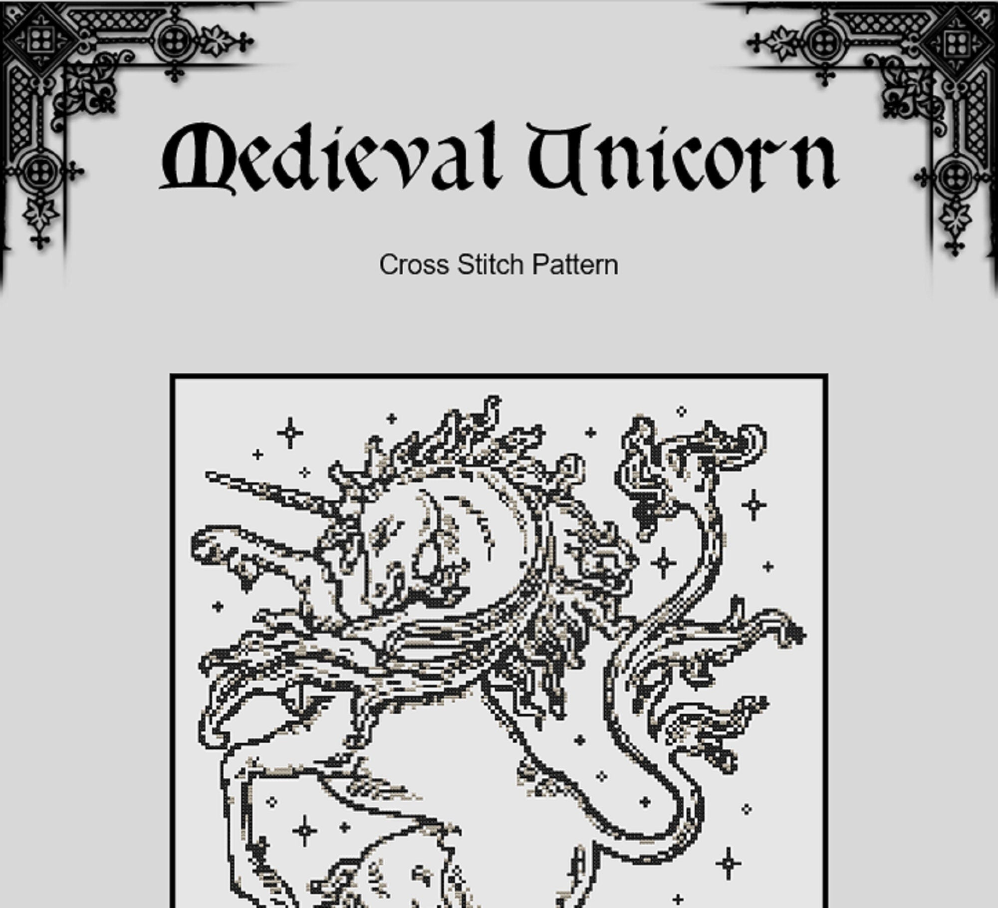 Medieval Unicorn Pattern - Cross Stitch Chart - Fantasy Embroidery (PDF) - EASY LEVEL