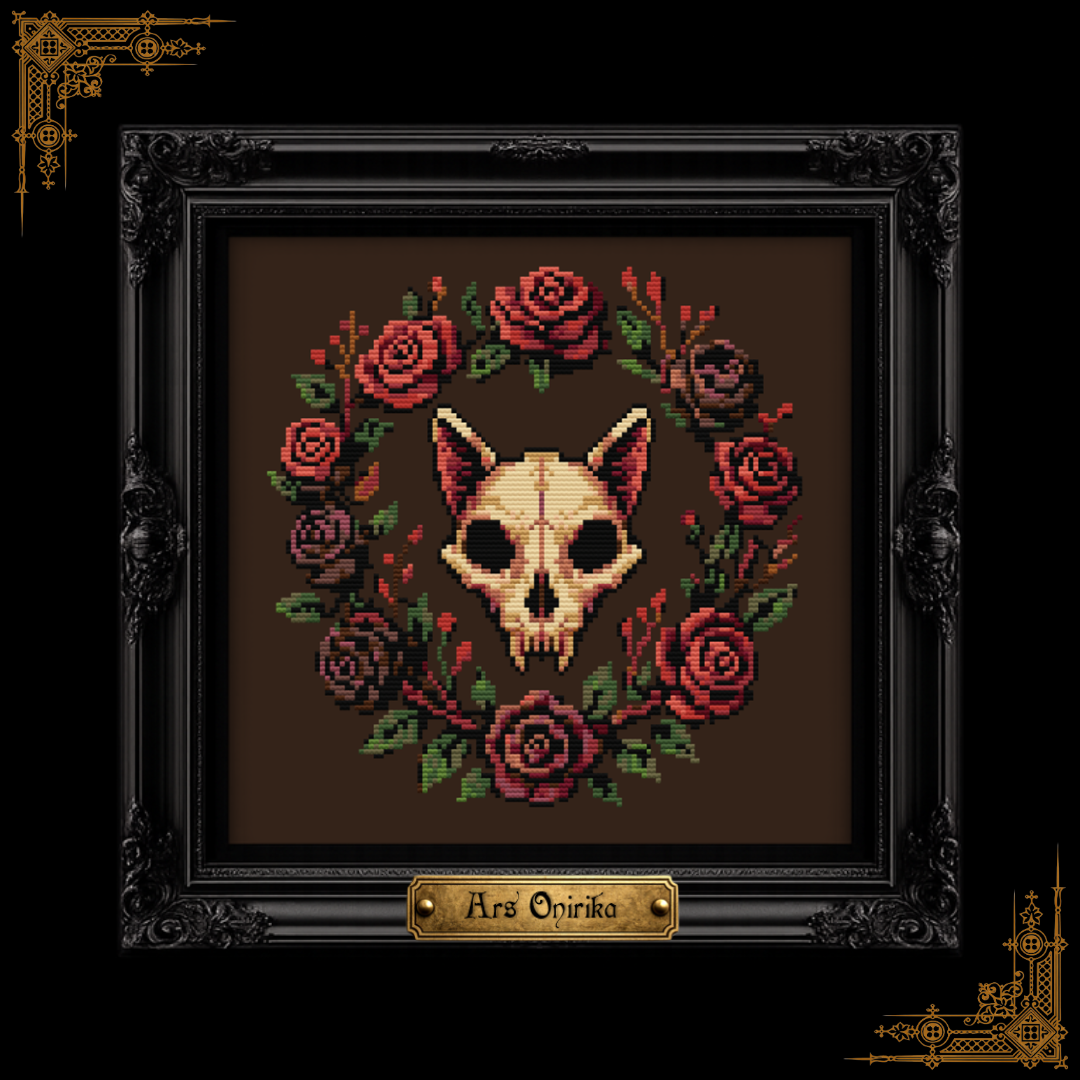 Cat Skull & Roses Cross Stitch Pattern – Gothic Embroidery (PDF)