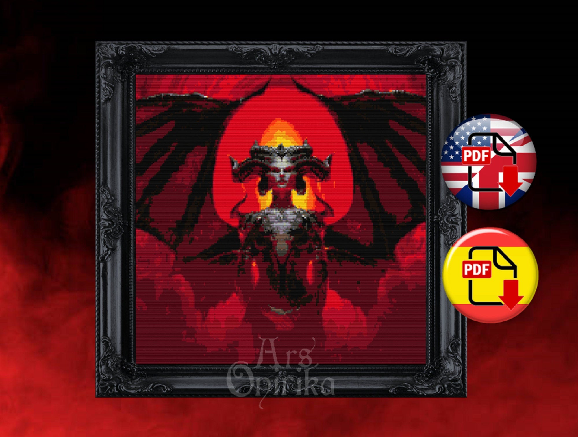 Lilith Gamer Cross Stitch Pattern - Diablo Videogame Sampler (PDF) - INTERMEDIATE LEVEL