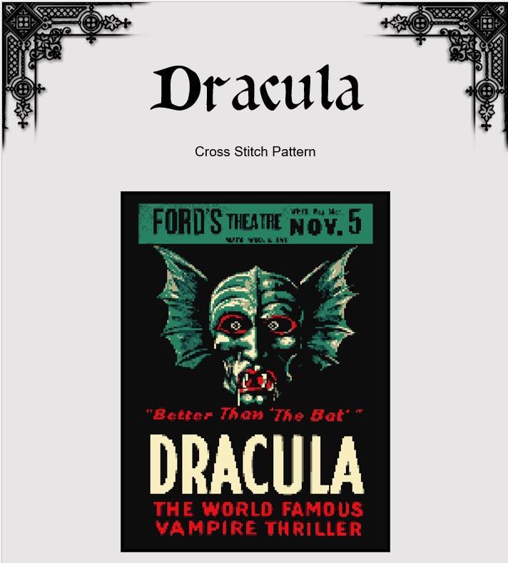 Dracula Cross Stitch Pattern (PDF) – Vintage Horror Embroidery Sampler - INTERMEDIATE LEVEL