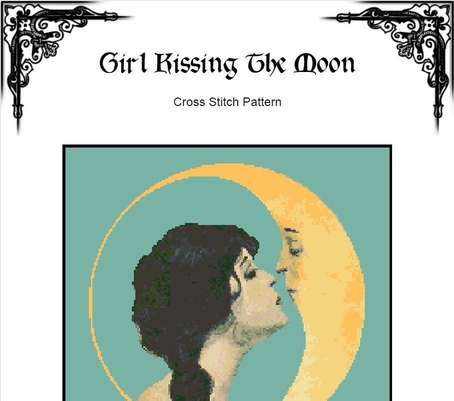 Girl Kissing Moon Cross Stitch Pattern (PDF) - Vintage Romantic Embroidery - INTERMEDIATE LEVEL