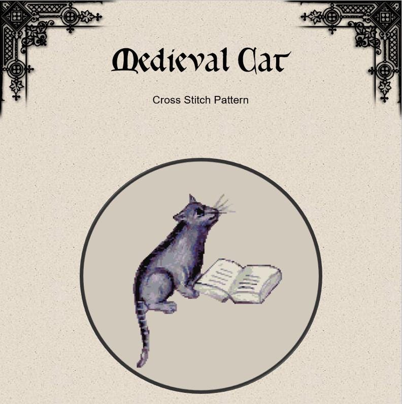 Medieval Cat Cross Stitch Pattern (PDF) – Illuminated Bestiary Design - EASY LEVEL