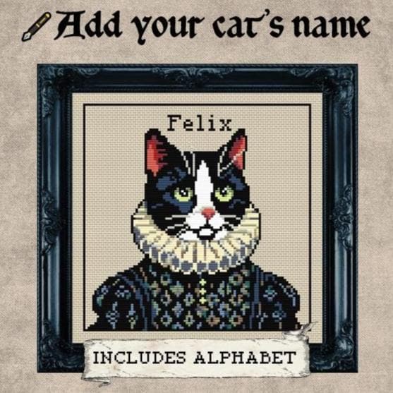 Custom Victorian Tuxedo Cat Cross Stitch Pattern (PDF) – Alphabet Included - INTERMEDIATE LEVEL