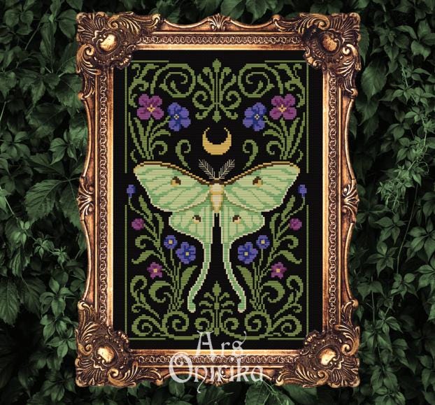 Luna Moth Cross Stitch Pattern – Whimsical Art Nouveau Embroidery (PDF) - INTERMEDIATE LEVEL