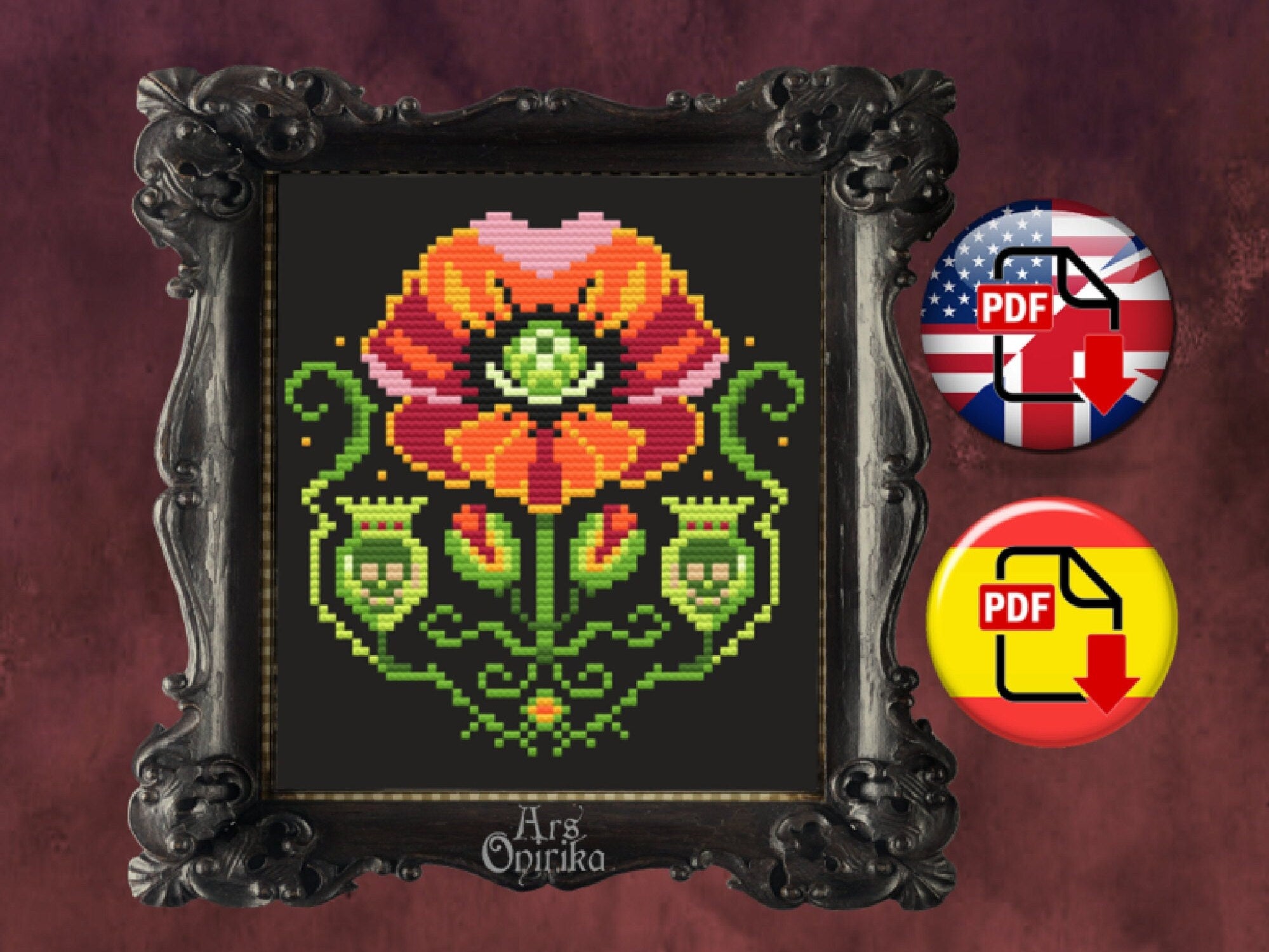 Poppy and Skulls Cross Stitch Pattern – Gothic Witchcraft Embroidery (PDF) - EASY LEVEL