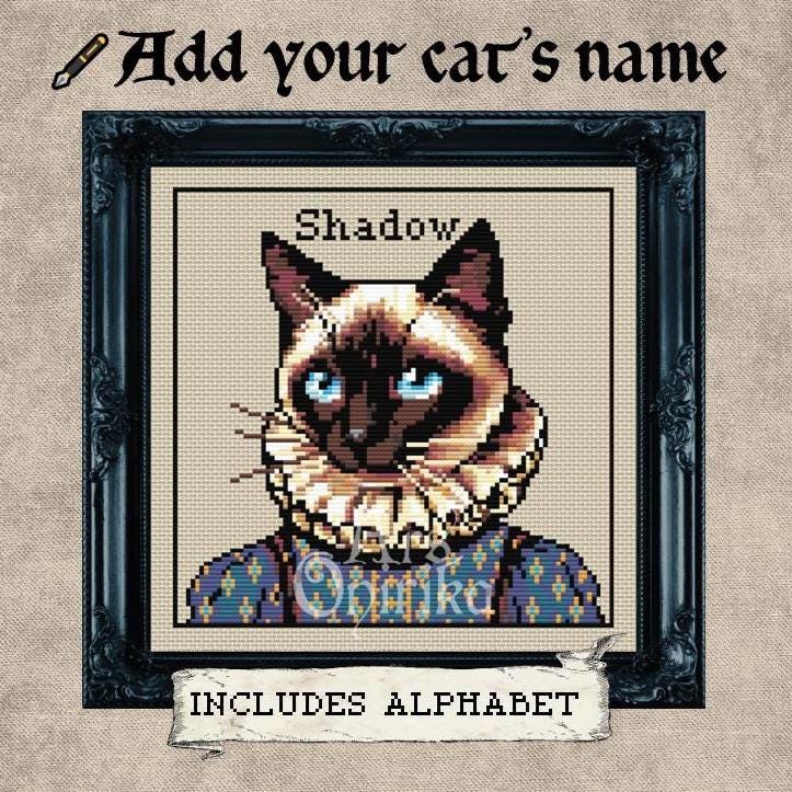 Custom Victorian Siamese Cat - Cross Stitch Pattern (PDF) - Alphabet Included - INTERMEDIATE LEVEL