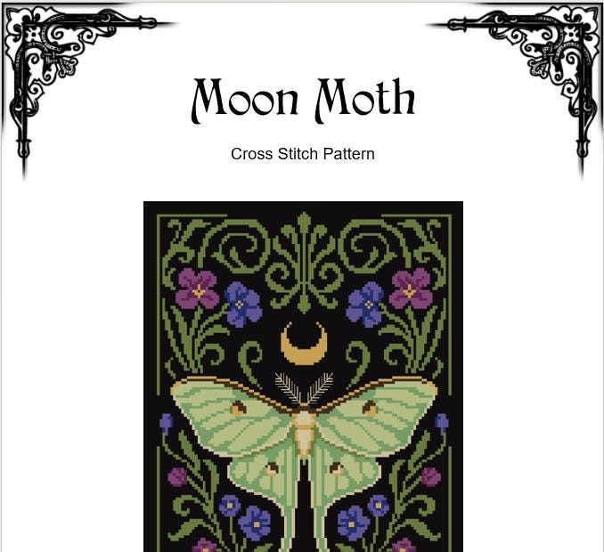 Luna Moth Cross Stitch Pattern – Whimsical Art Nouveau Embroidery (PDF) - INTERMEDIATE LEVEL