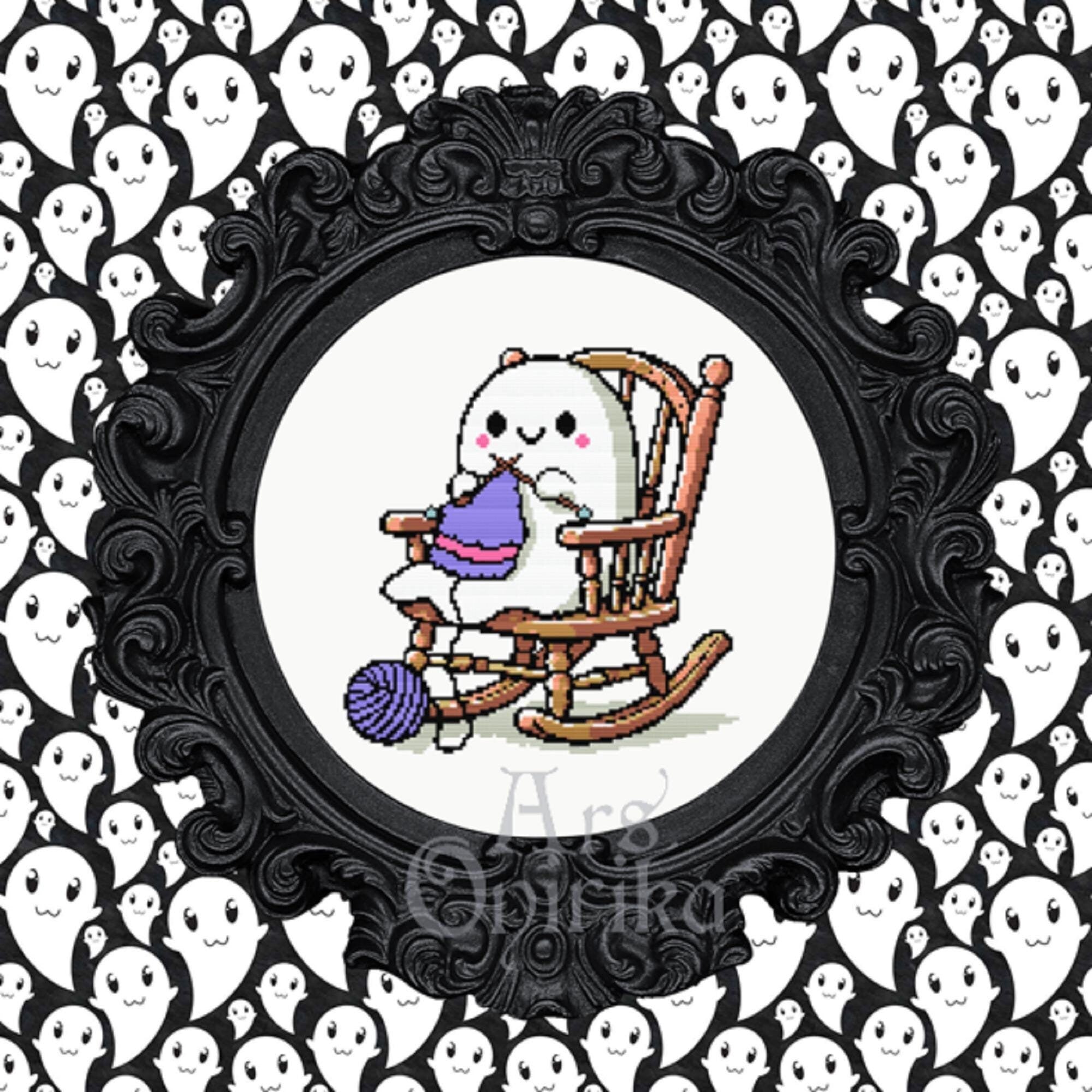 Knitting Ghost Cross Stitch Pattern (PDF) - Halloween Embroidery Sampler - EASY LEVEL