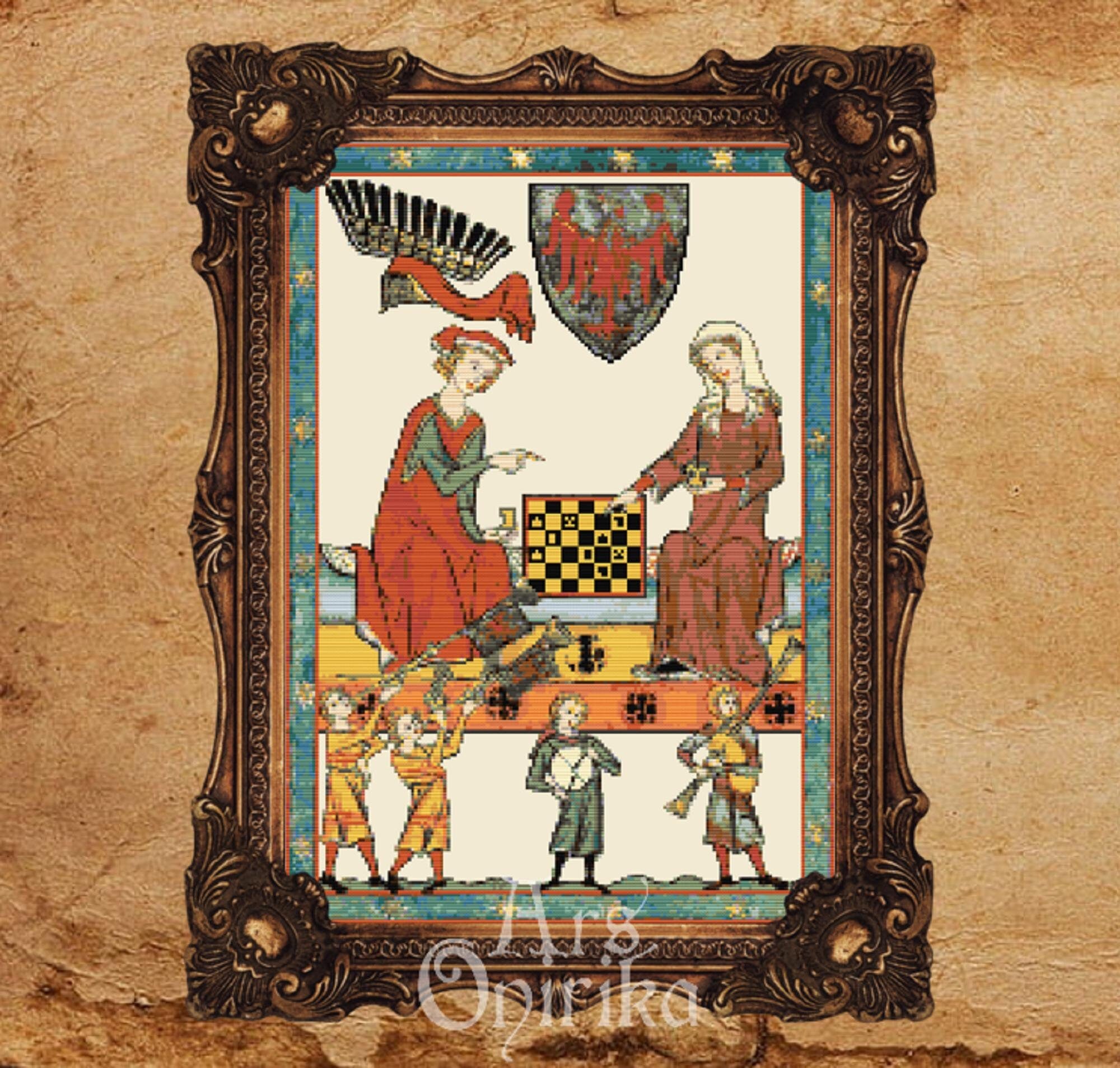Medieval Chess Game Cross Stitch Pattern (PDF) - Codex Manesse - INTERMEDIATE LEVEL