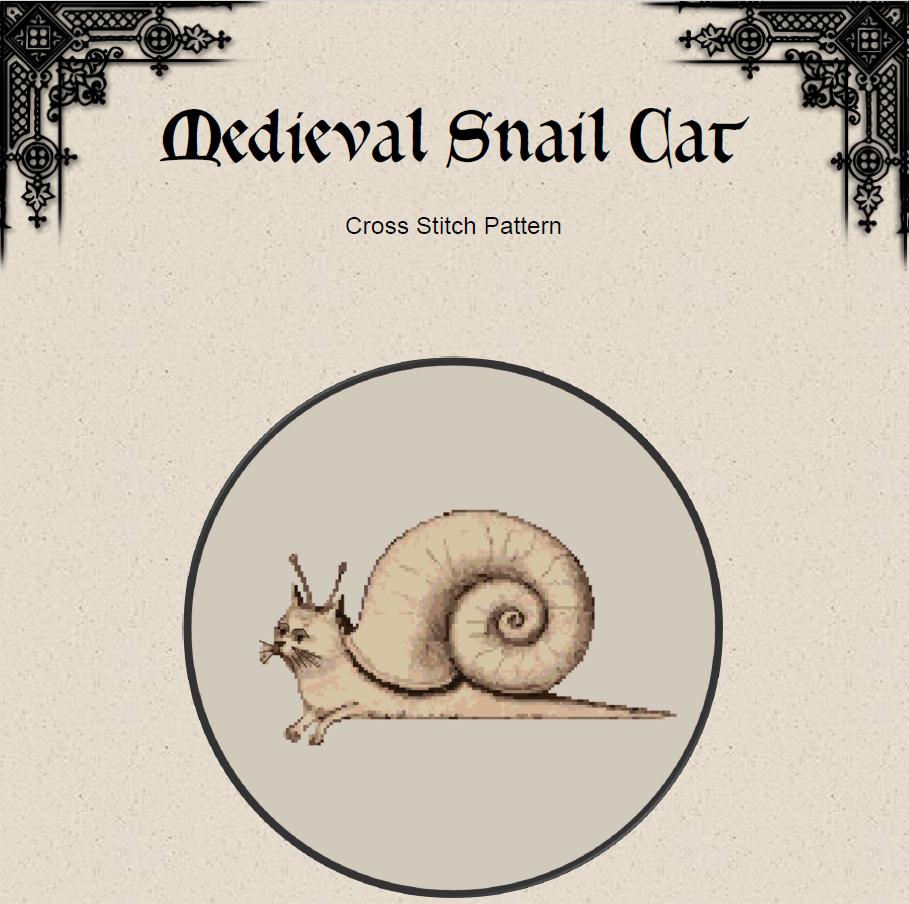 Snail Cat Cross Stitch Pattern - Medieval Animal Bestiary (PDF) - INTERMEDIATE LEVEL