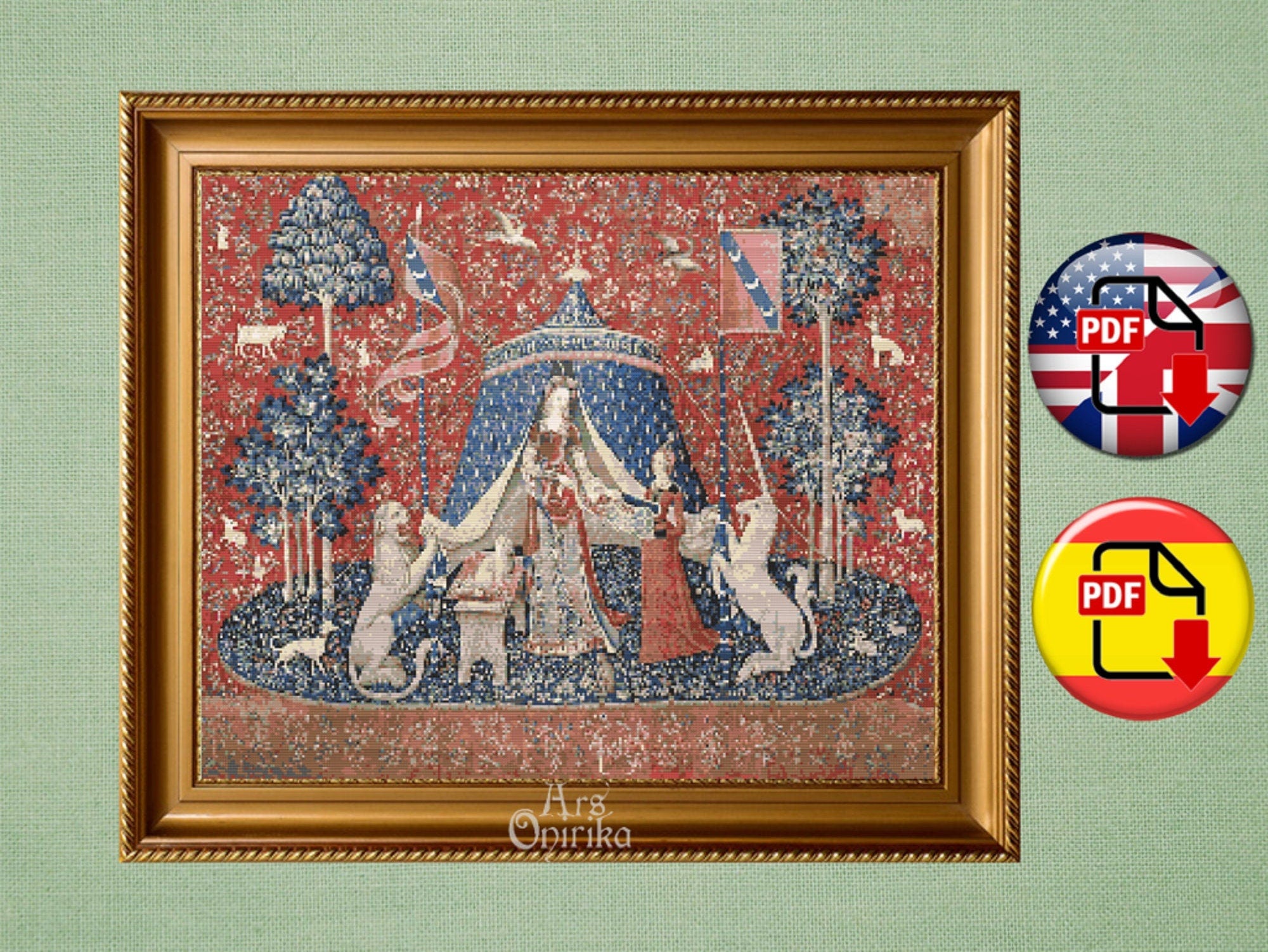 Lady and Unicorn Cross Stitch Pattern - Medieval Tapestry Art (PDF) - ADVANCED LEVEL