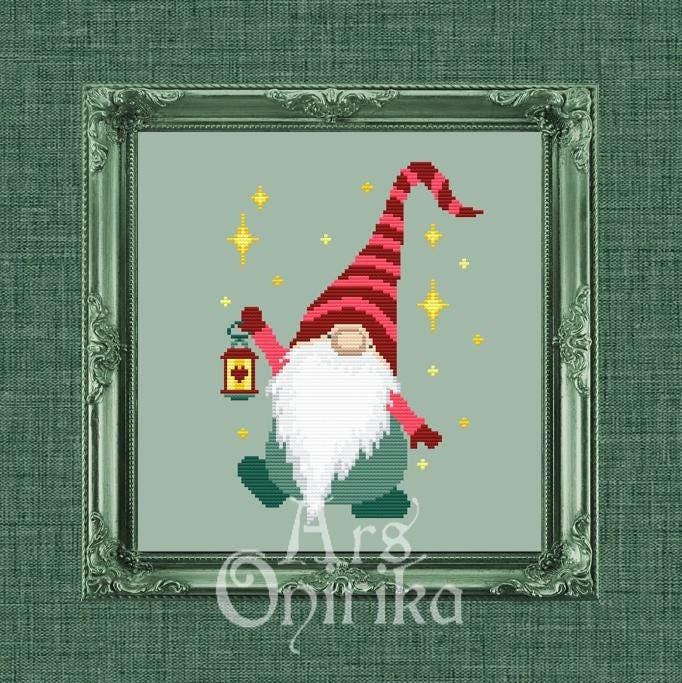 Lantern Gnome Cross Stitch Pattern – Easy Christmas Design (PDF) - EASY LEVEL