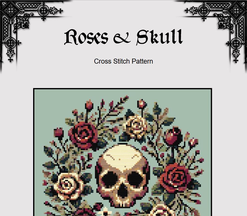 Roses and Skull Cross Stitch Pattern – Gothic Embroidery (PDF) - EASY LEVEL