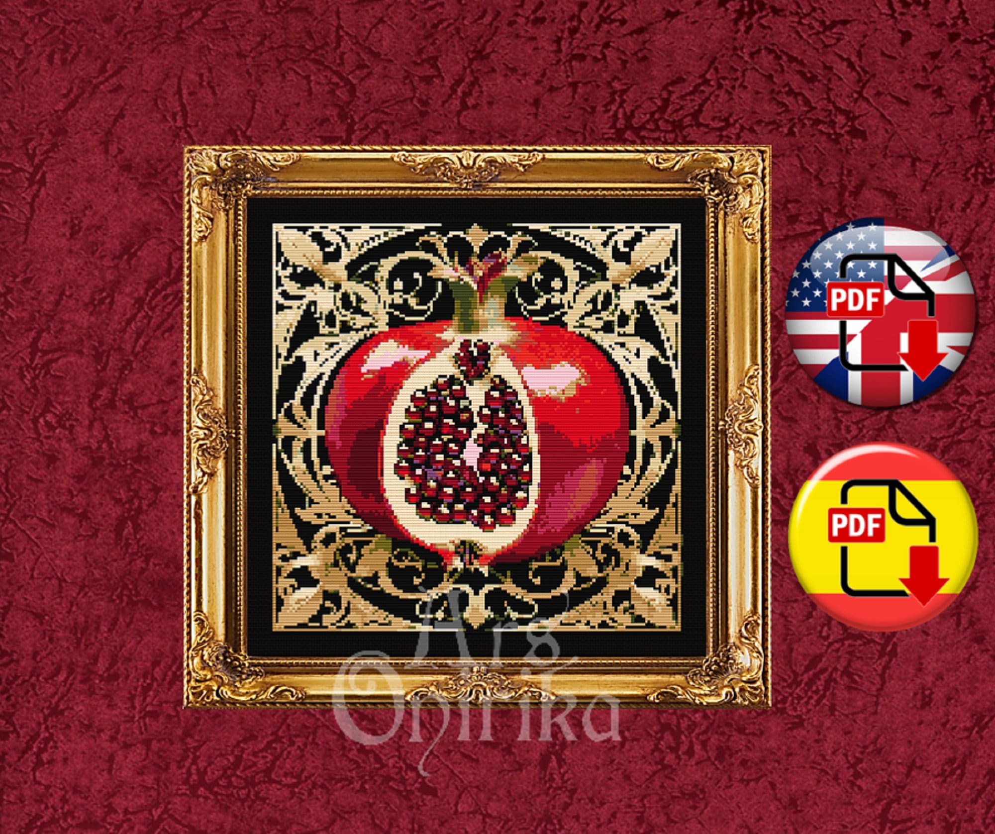 Gothic Pomegranate - Cross Stitch Pattern (PDF) – Baroque design - INTERMEDIATE LEVEL