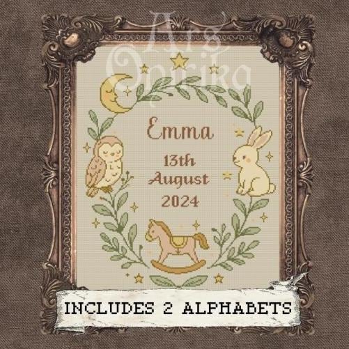 Customizable Birth Sampler - Cross Stitch Pattern (PDF) - Moonlight Nursery - EASY LEVEL