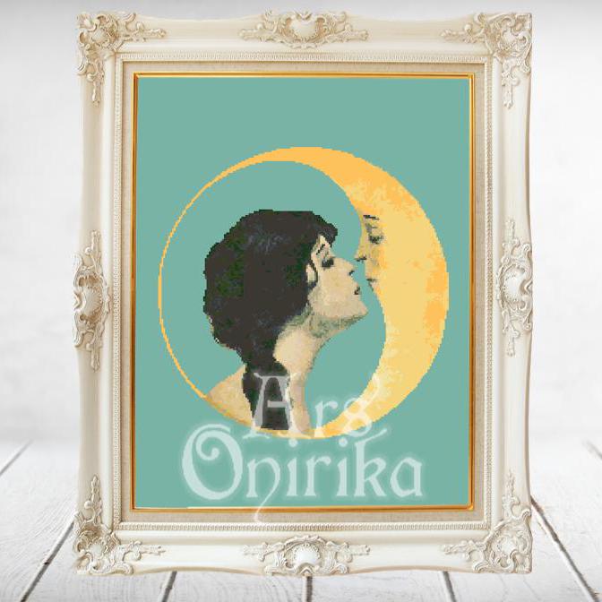 Girl Kissing Moon Cross Stitch Pattern (PDF) - Vintage Romantic Embroidery - INTERMEDIATE LEVEL
