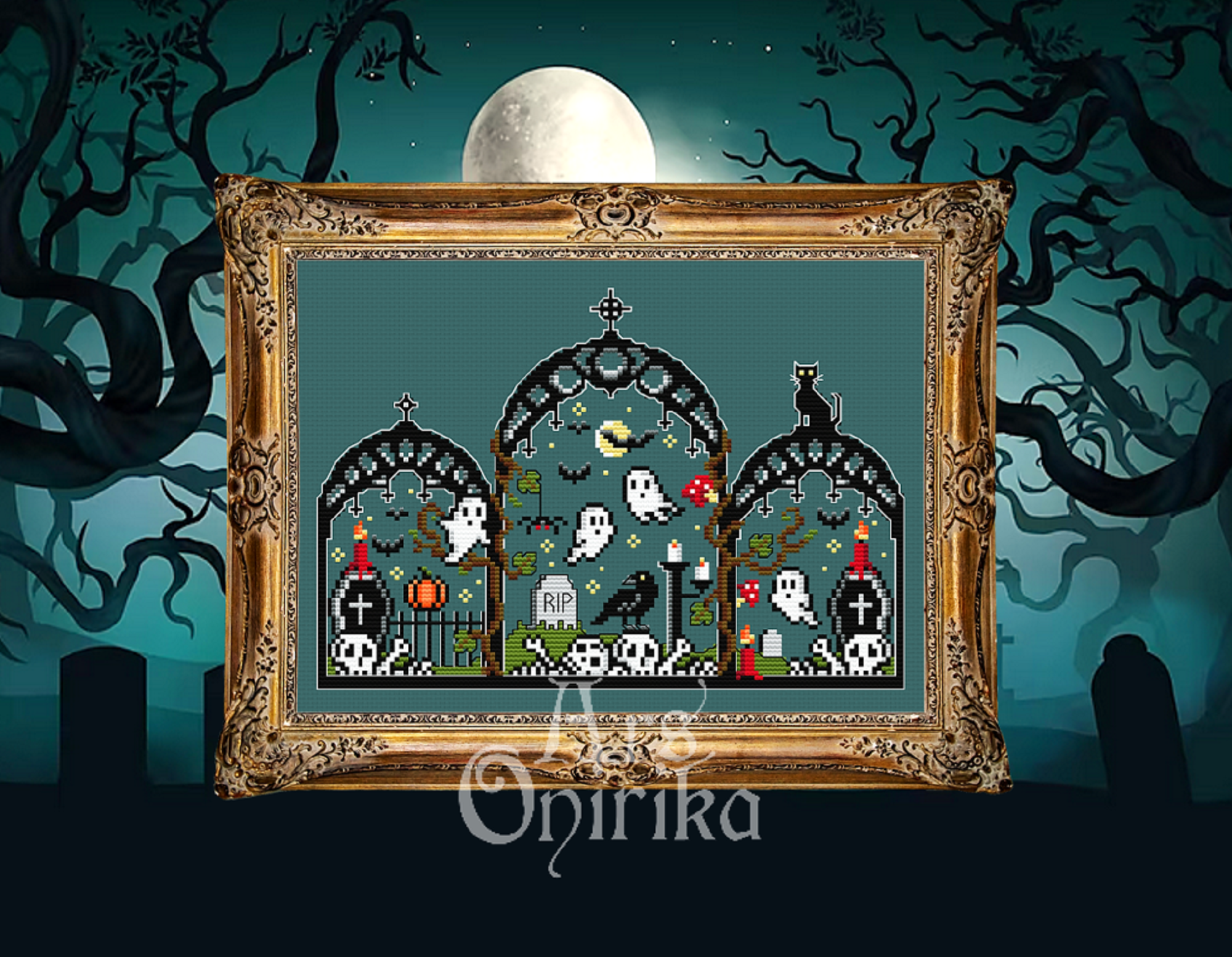 Halloween Crypt Cross Stitch Pattern (PDF) – Spooky, Gothic - EASY LEVEL